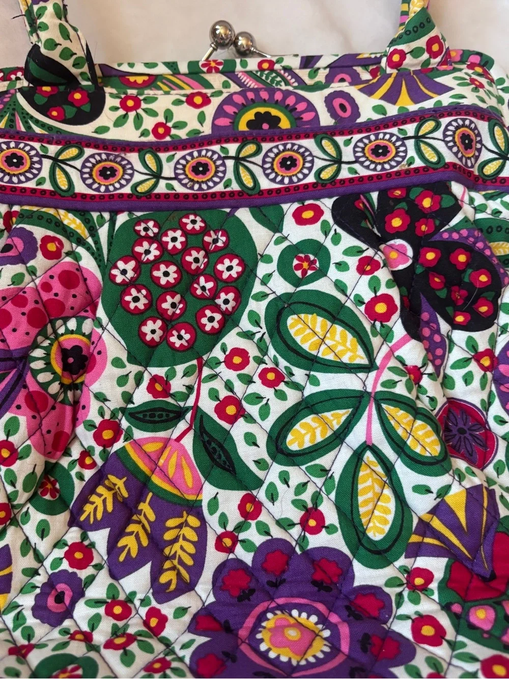 Vera Bradley Retired Kiss Lock Frame Satchel Purse Floral Quilted Cotton Handbag